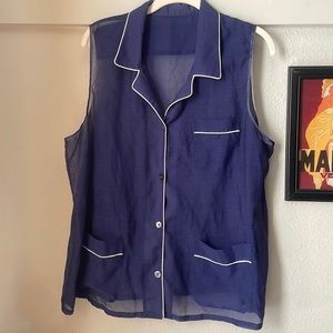 Vintage sheer sleeveless button navy blouse with white trim